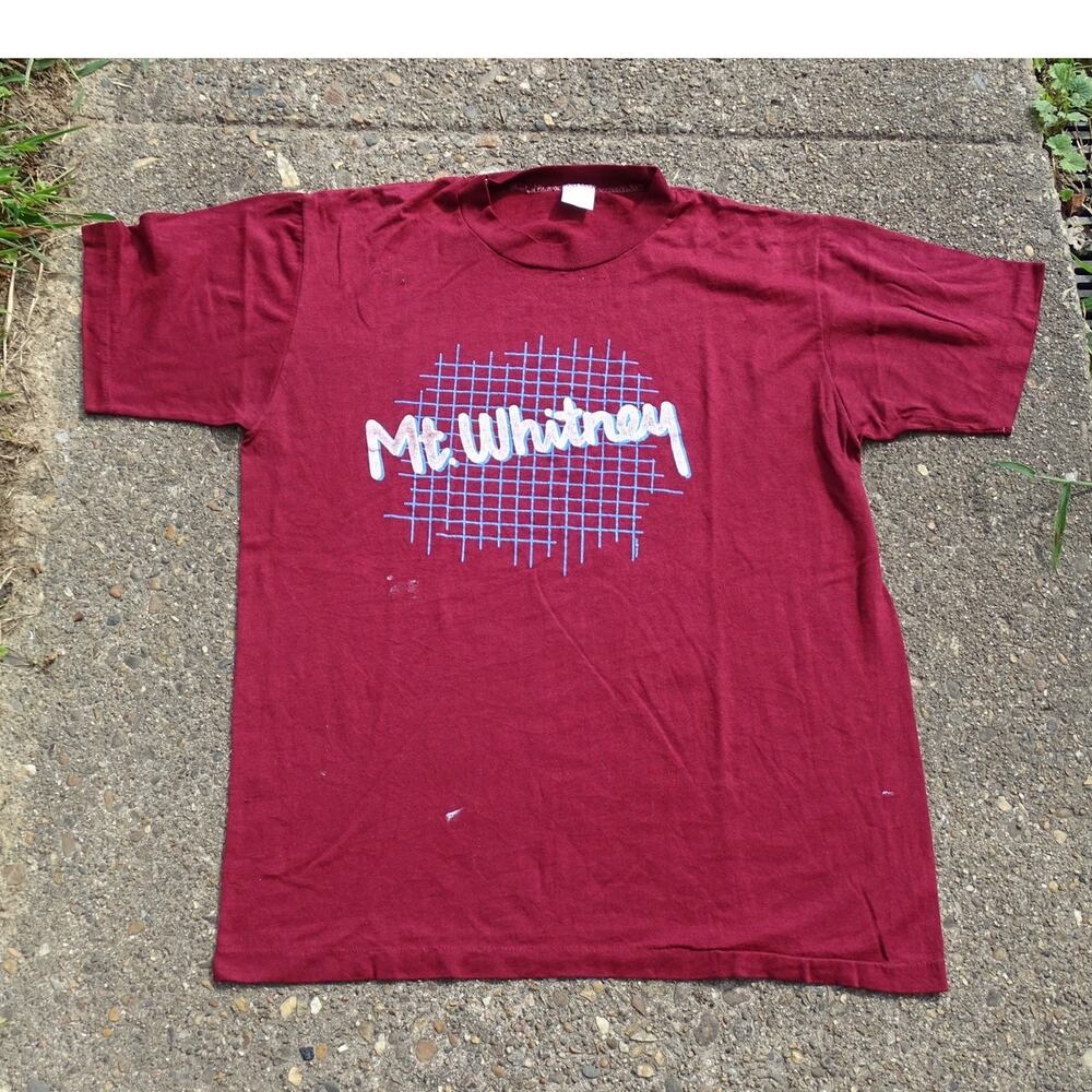 Vintage 80s Mt Whitney T-Shirt Made USA 50/50 Distressed Paint Splatter Maroon